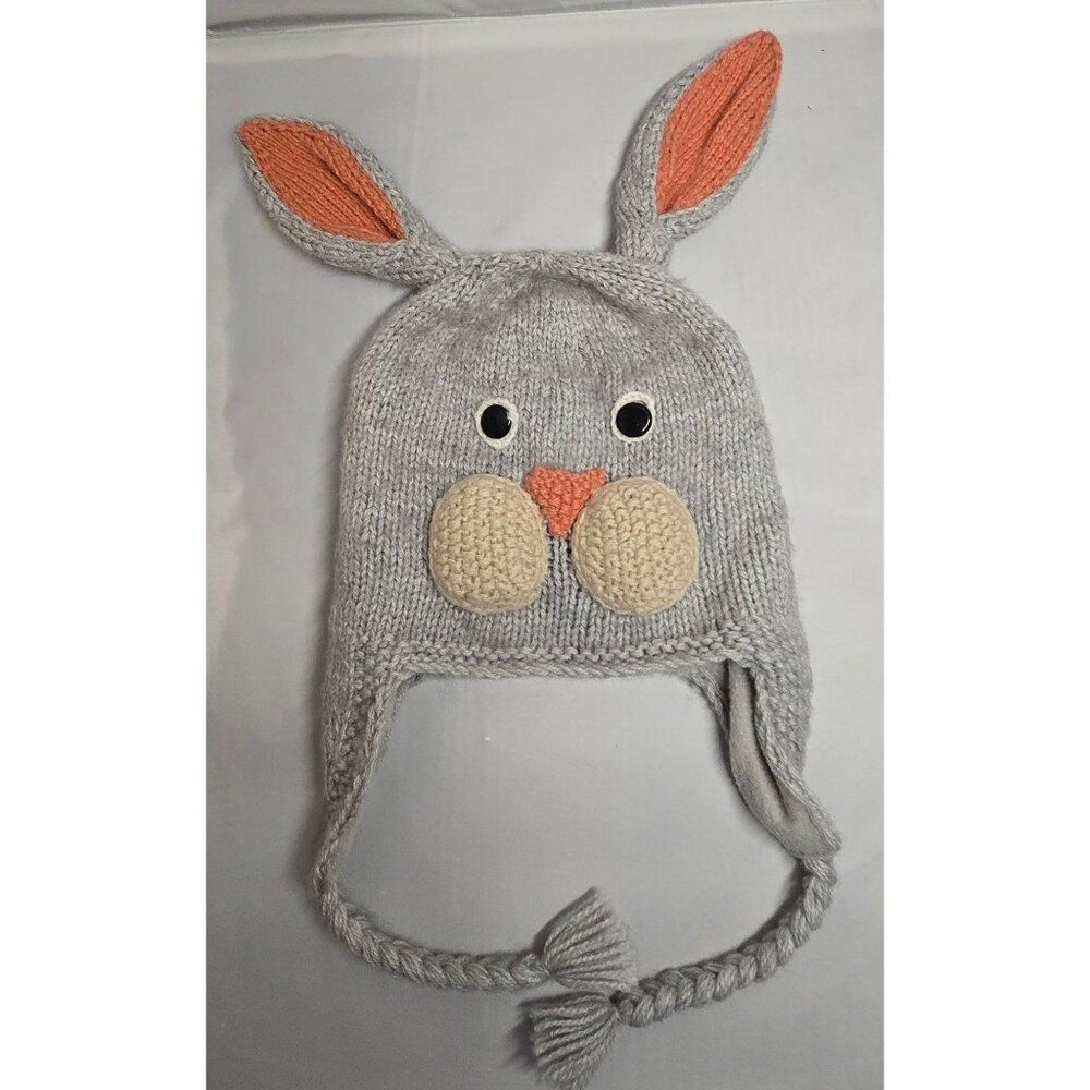 Hand-Knit Bunny Ear Baby Hat By Andes 40% Alpaca 60% Acrylic Soft Gray Pink